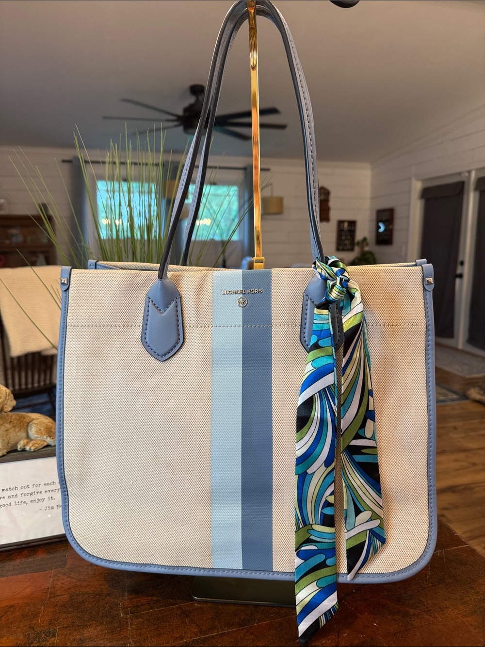 Michael Kors Beige Canvas Tote with Blue Stripe and Scarf